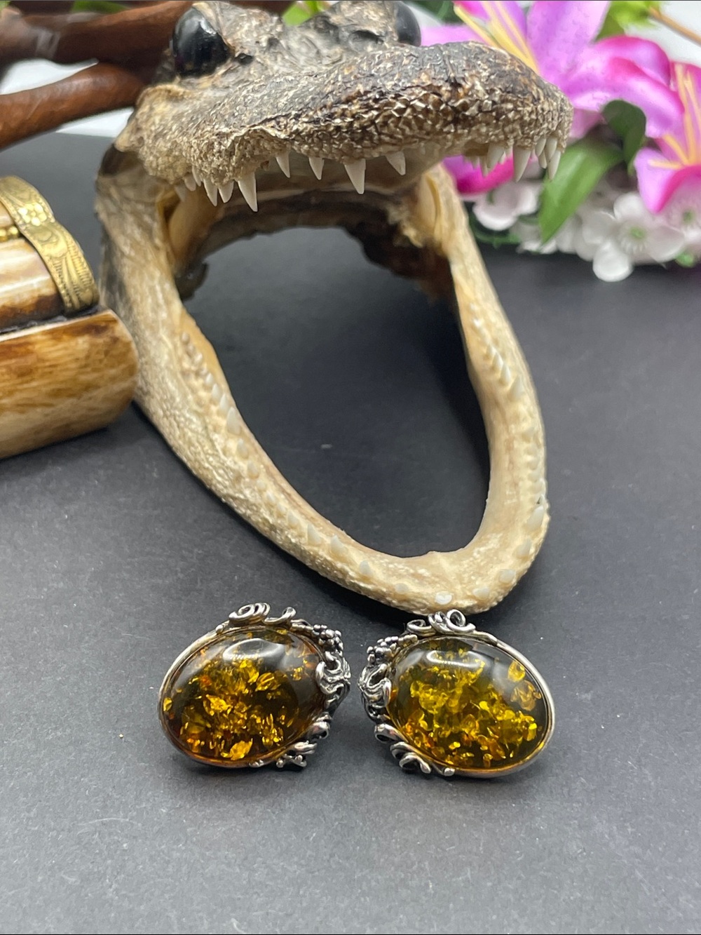 Green Amber pierced earrings vintage tested sterling